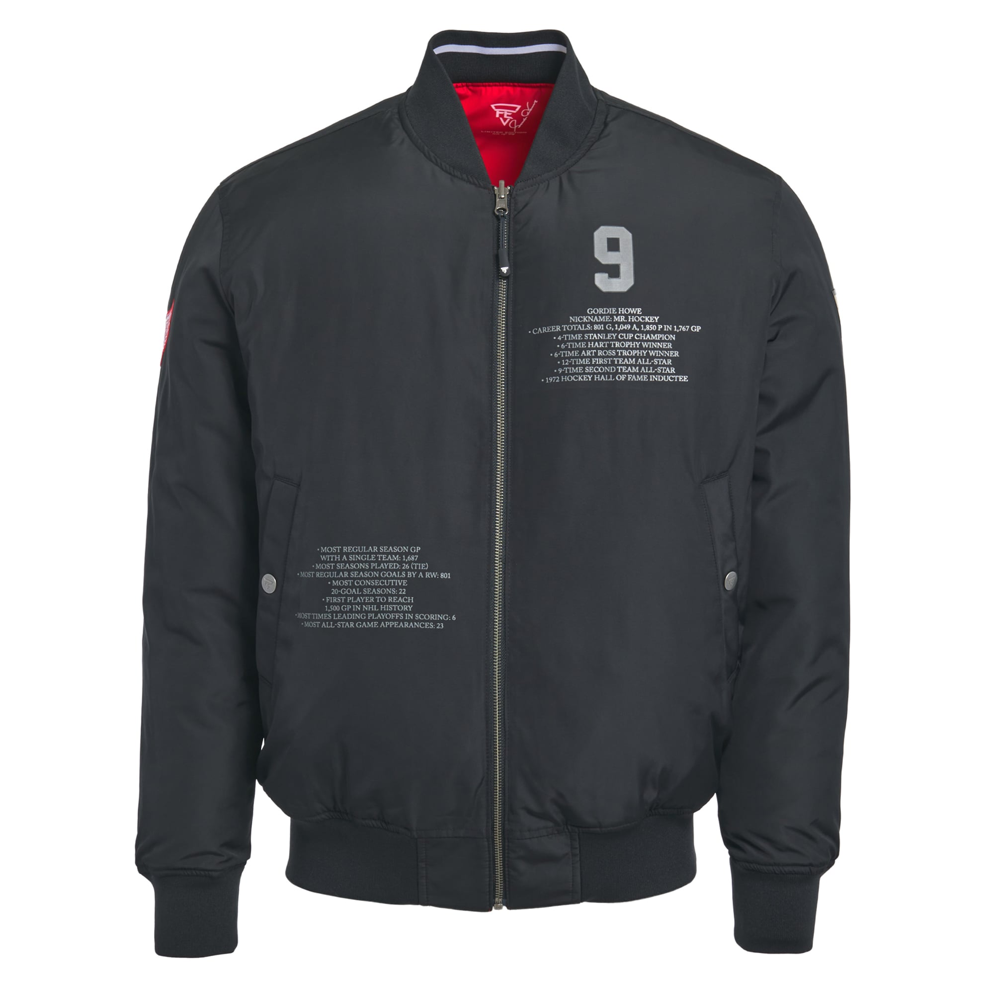 Veste bomber réversible zippée pour homme FE Gordie Howe rouge/noir des Red Wings de Détroit